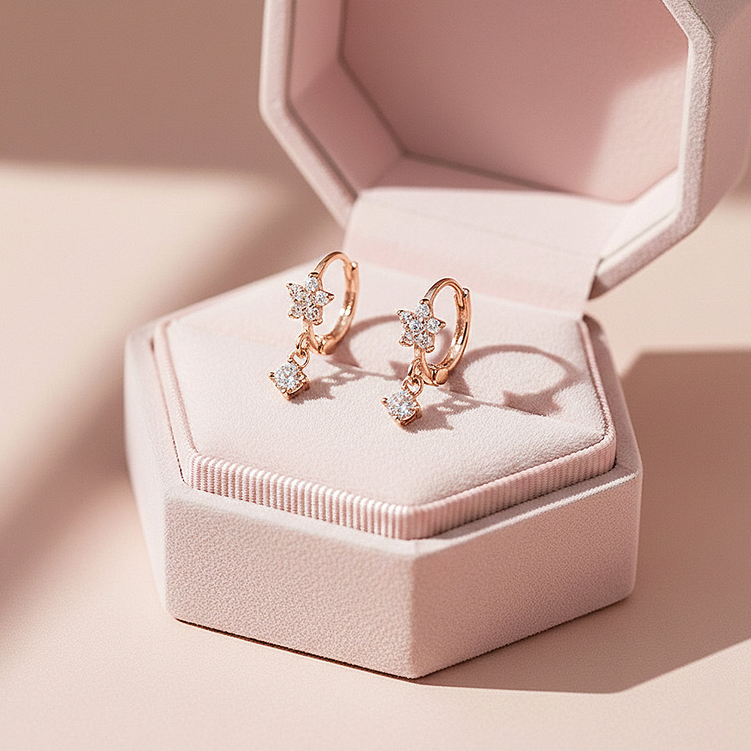 Starlit Drop Celestial Hoop Earrings | White & Rose Gold | Luxe2906 - Luxe Earrings | Singapore Jewellery, Wedding Rings & Gifts | Same Day Delivery | Tiara.com.sg
