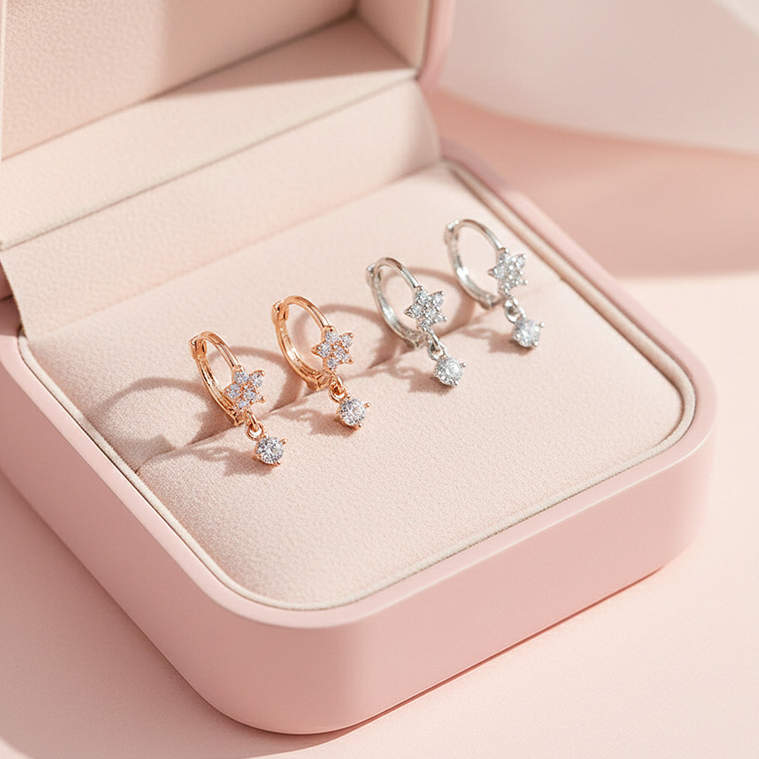 Starlit Drop Celestial Hoop Earrings | White &amp; Rose Gold | Luxe2906 - Luxe Earrings | Singapore Jewellery, Wedding Rings &amp; Gifts | Same Day Delivery | Tiara.com.sg