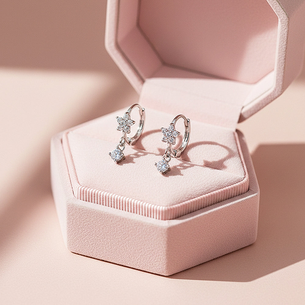 Starlit Drop Celestial Hoop Earrings | White & Rose Gold | Luxe2906 - Luxe Earrings | Singapore Jewellery, Wedding Rings & Gifts | Same Day Delivery | Tiara.com.sg