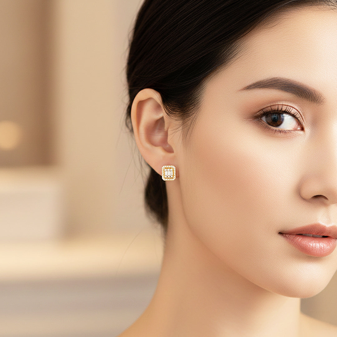 Baguette & Double Halo Stud Earrings | Gold & White Gold | Luxe3632 - Luxe Earrings | Singapore Jewellery, Wedding Rings & Gifts | Same Day Delivery | Tiara.com.sg