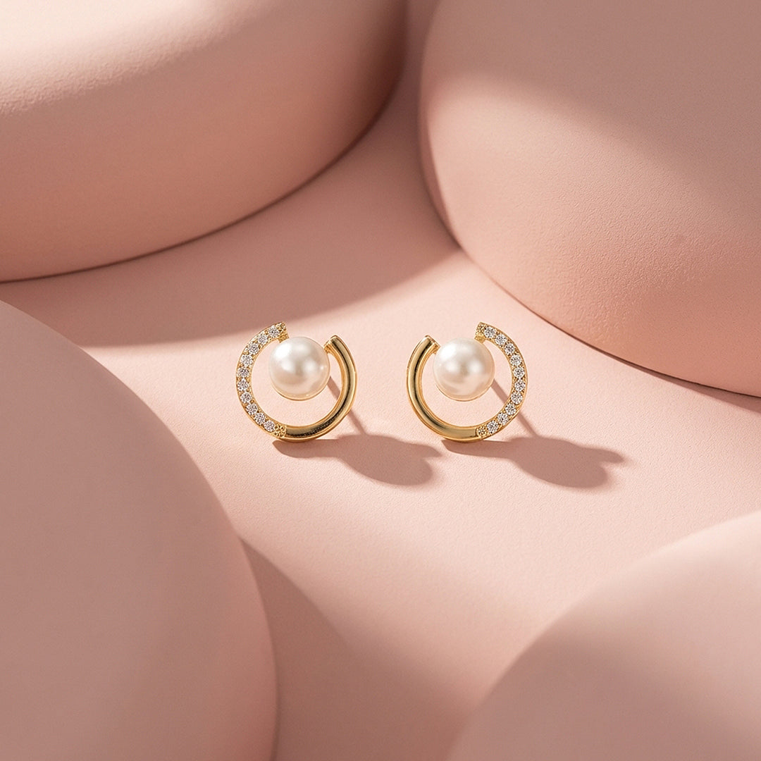 Open Crescent Pearl Stud Earrings | Luxe3681