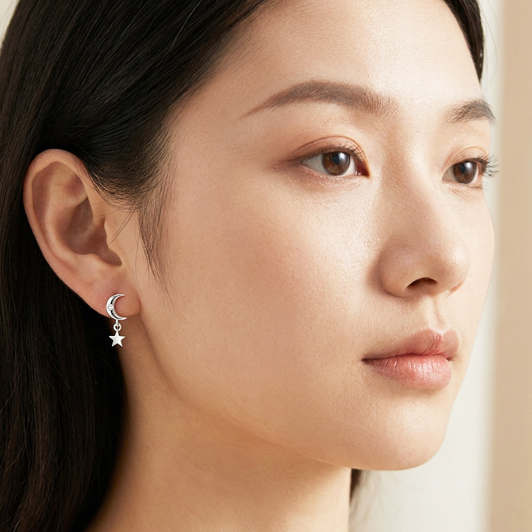 Crescent Moon &amp; Star Drop Earrings | Luxe3699