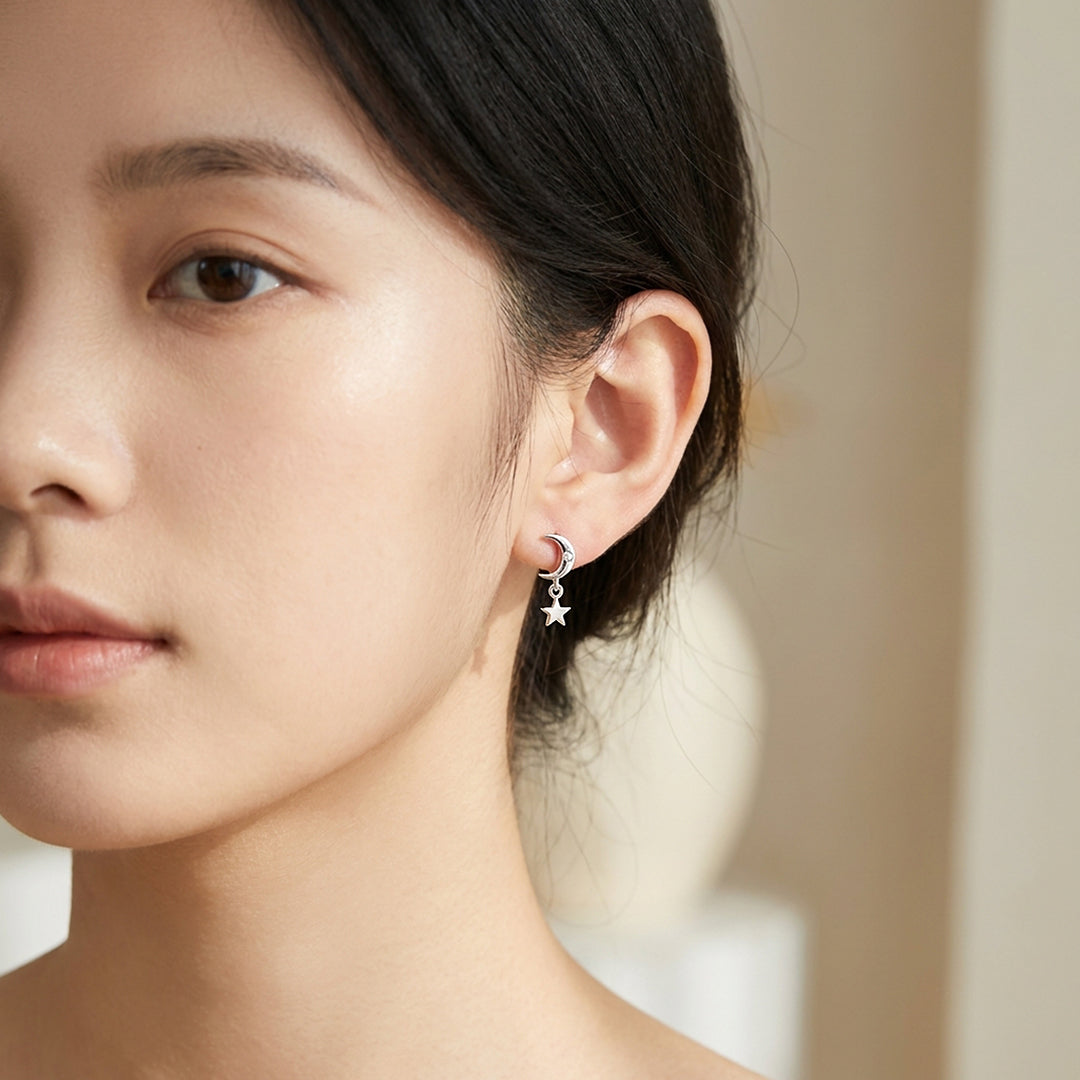 Crescent Moon &amp; Star Drop Earrings | Luxe3699