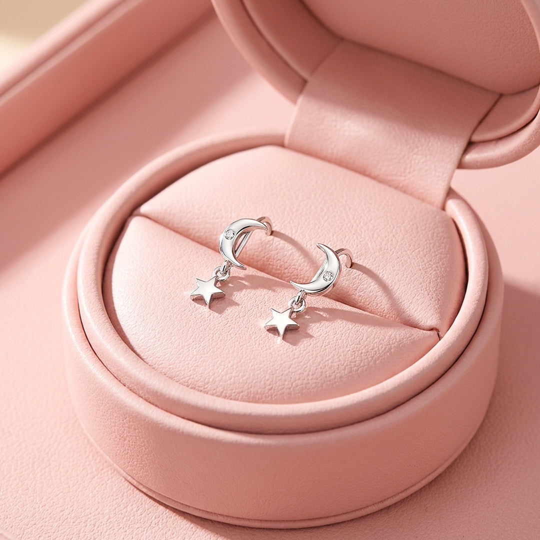 Crescent Moon &amp; Star Drop Earrings | Luxe3699