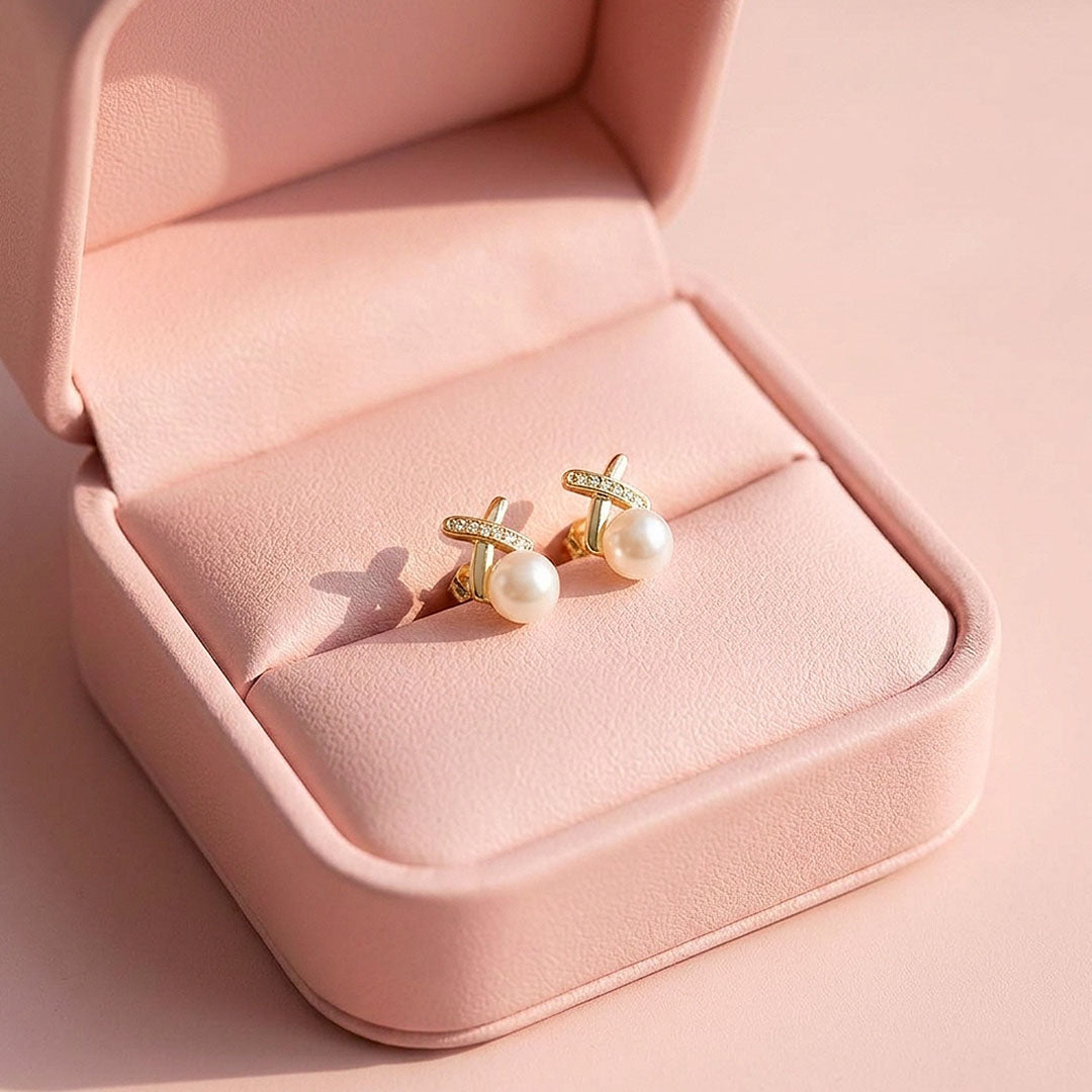Pavé Cross &amp; Pearl Stud Earrings | Luxe3704