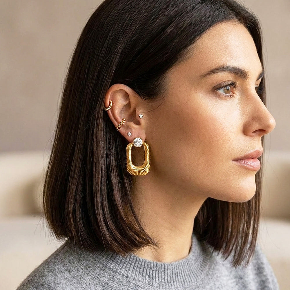 Ribbed Oval Drop & Solitaire Stud Earrings | Luxe3716