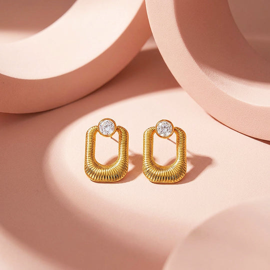 Ribbed Oval Drop &amp; Solitaire Stud Earrings | Luxe3716