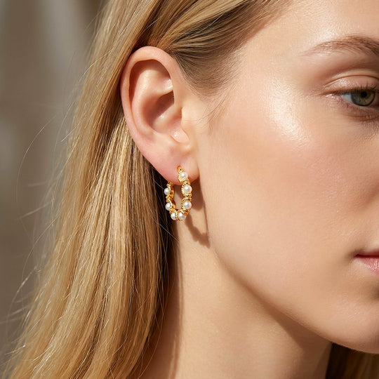 Textured Wave &amp; Pearl-Style Hoop Earrings | Luxe3745