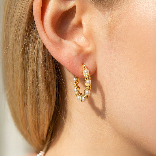 Textured Wave &amp; Pearl-Style Hoop Earrings | Luxe3745
