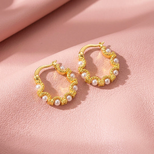 Textured Wave &amp; Pearl-Style Hoop Earrings | Luxe3745