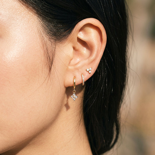Floral Huggie Drop, Pave Huggie and Cluster Stud Earrings Set (3 Pairs) | Luxe3777