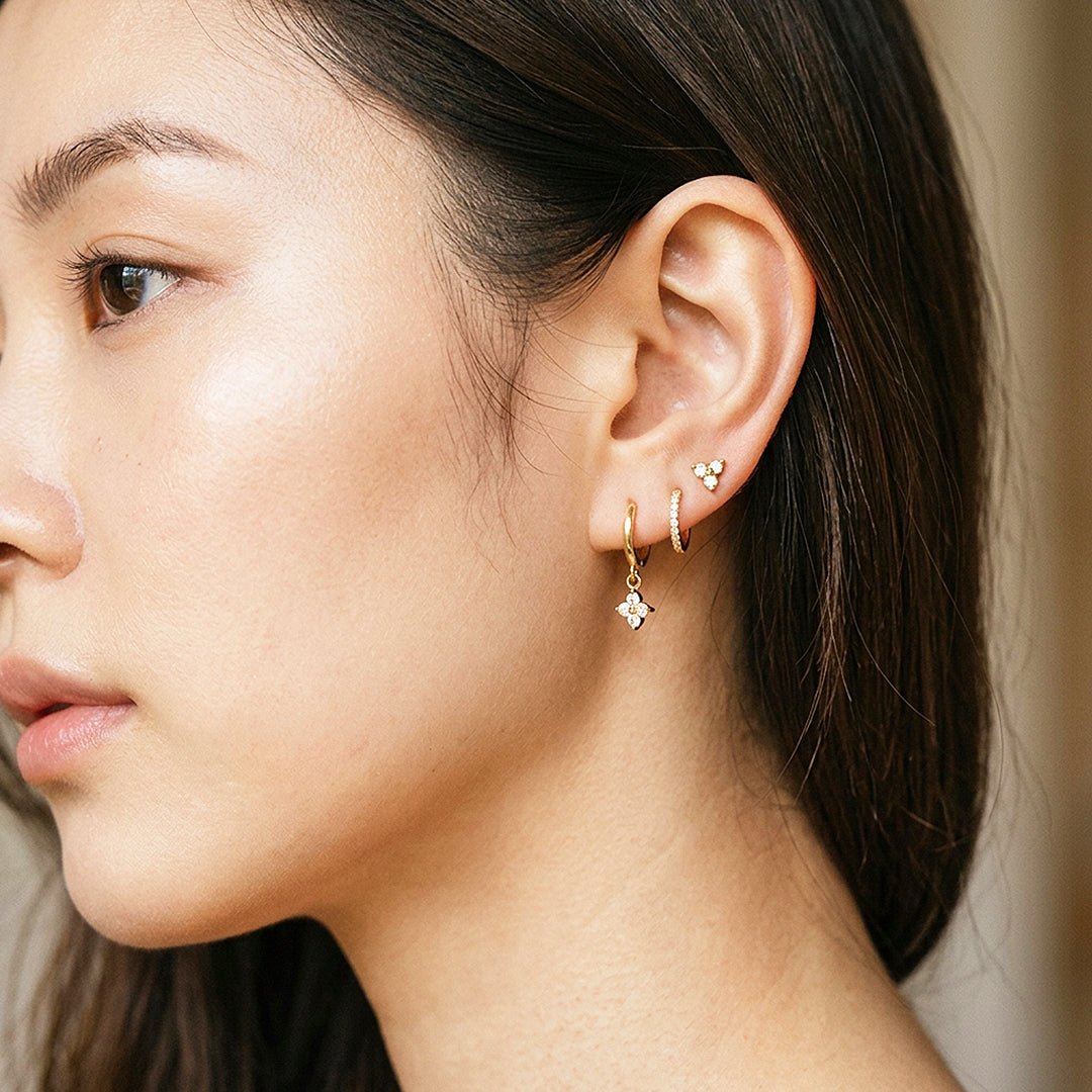 Floral Huggie Drop, Pave Huggie and Cluster Stud Earrings Set (3 Pairs) | Luxe3777