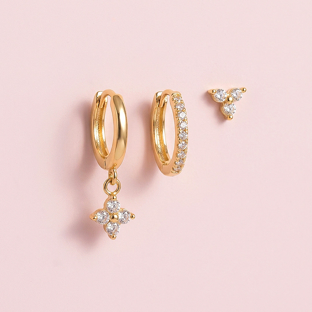 Floral Huggie Drop, Pave Huggie and Cluster Stud Earrings Set (3 Pairs) | Luxe3777