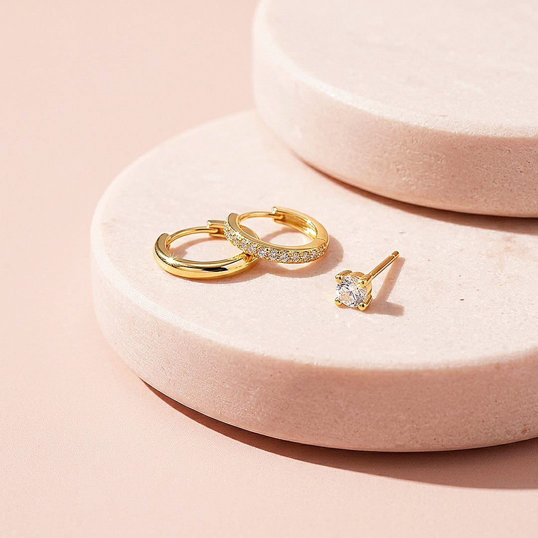 Classic Huggie, Pave Huggie and Solitaire Stud Earrings Set (3 Pairs) | Luxe3779