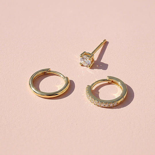 Classic Huggie, Pave Huggie and Solitaire Stud Earrings Set (3 Pairs) | Luxe3779