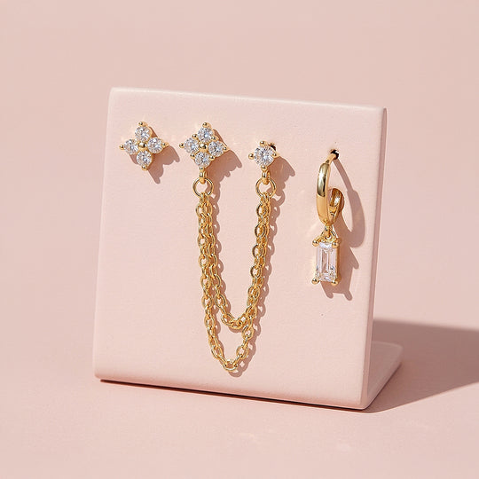 Floral Chain and Baguette Huggie Earrings Set (3 Pairs) | Luxe3781