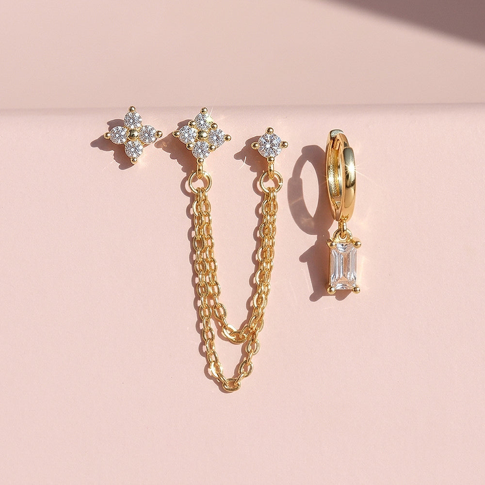 Floral Chain and Baguette Huggie Earrings Set (3 Pairs) | Luxe3781