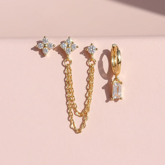 Floral Chain and Baguette Huggie Earrings Set (3 Pairs) | Luxe3781