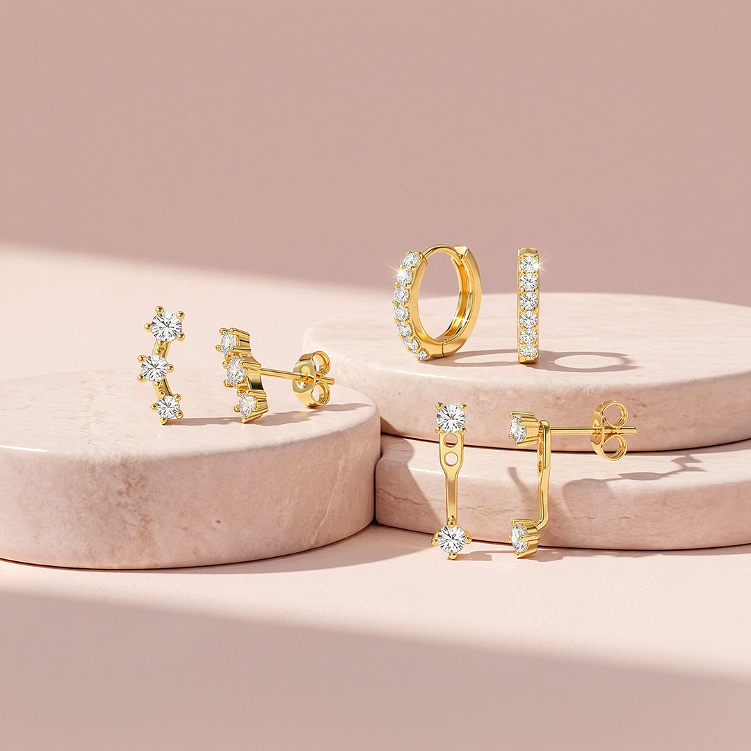 Curved Stud, Pave Huggie and Drop Ear Jacket Earrings Set (3 Pairs) | Luxe3782