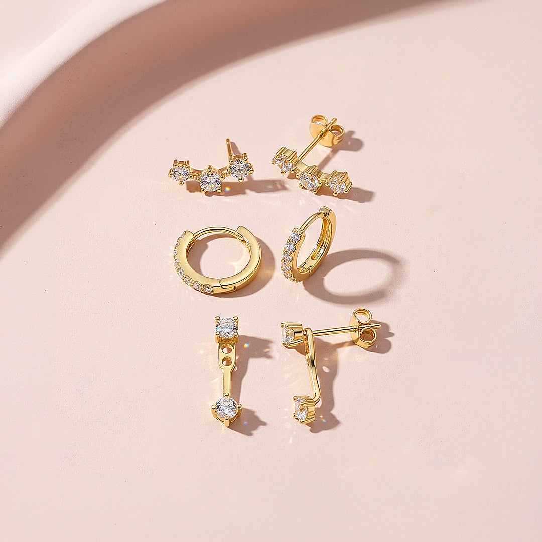 Curved Stud, Pave Huggie and Drop Ear Jacket Earrings Set (3 Pairs) | Luxe3782