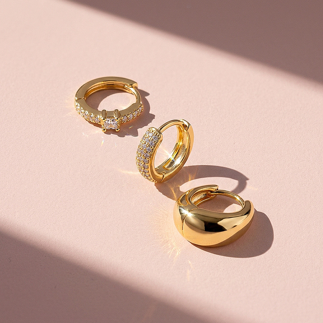 Chunky Dome and Pave Huggie Earrings Set (3 Pairs) | Luxe3783