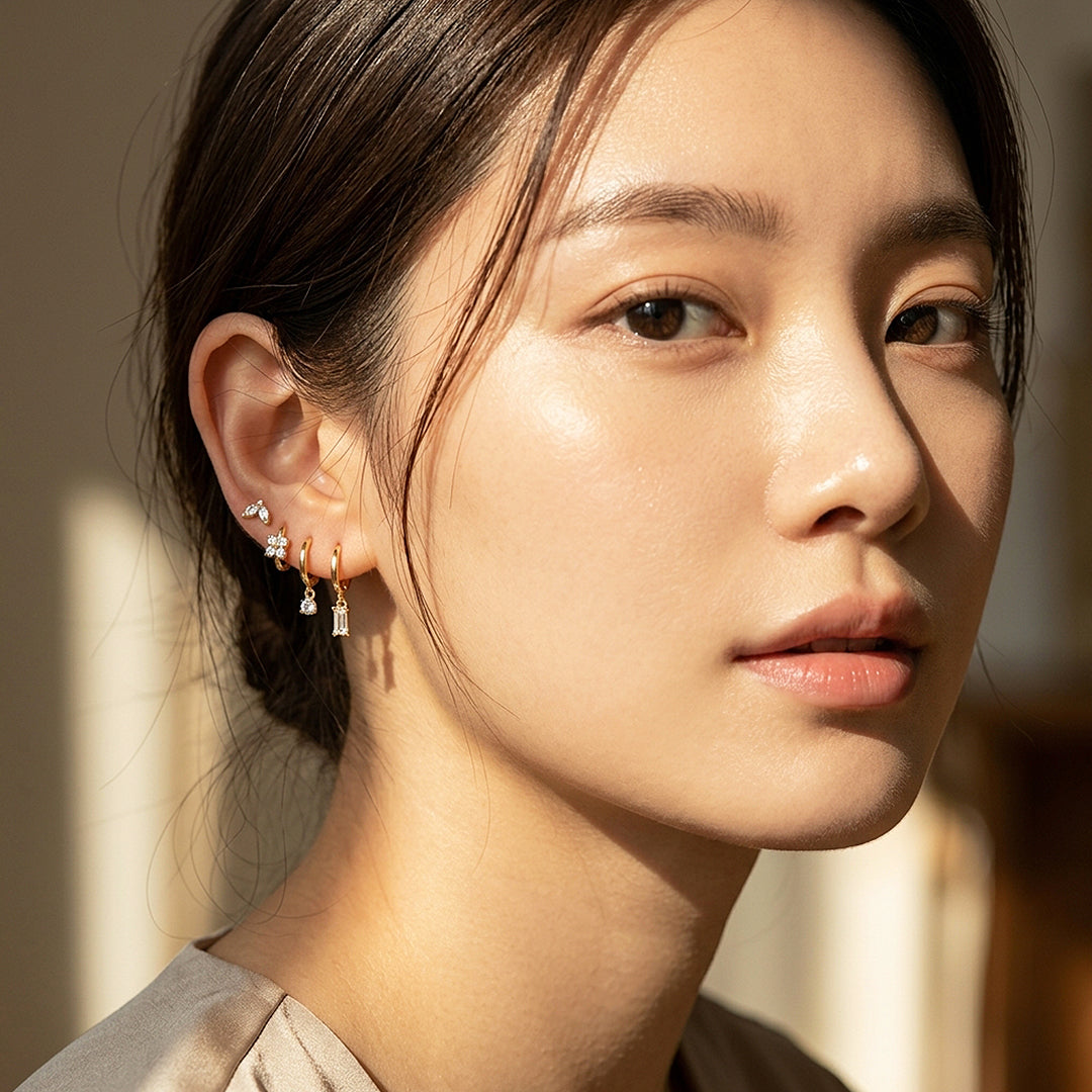 Floral, Solitaire and Baguette Huggie Drop Earrings Set (4 Pairs) | Luxe3784