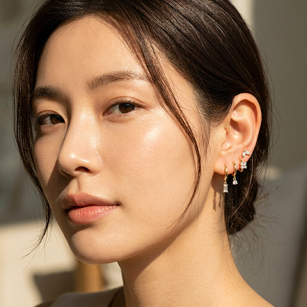 Floral, Solitaire and Baguette Huggie Drop Earrings Set (4 Pairs) | Luxe3784