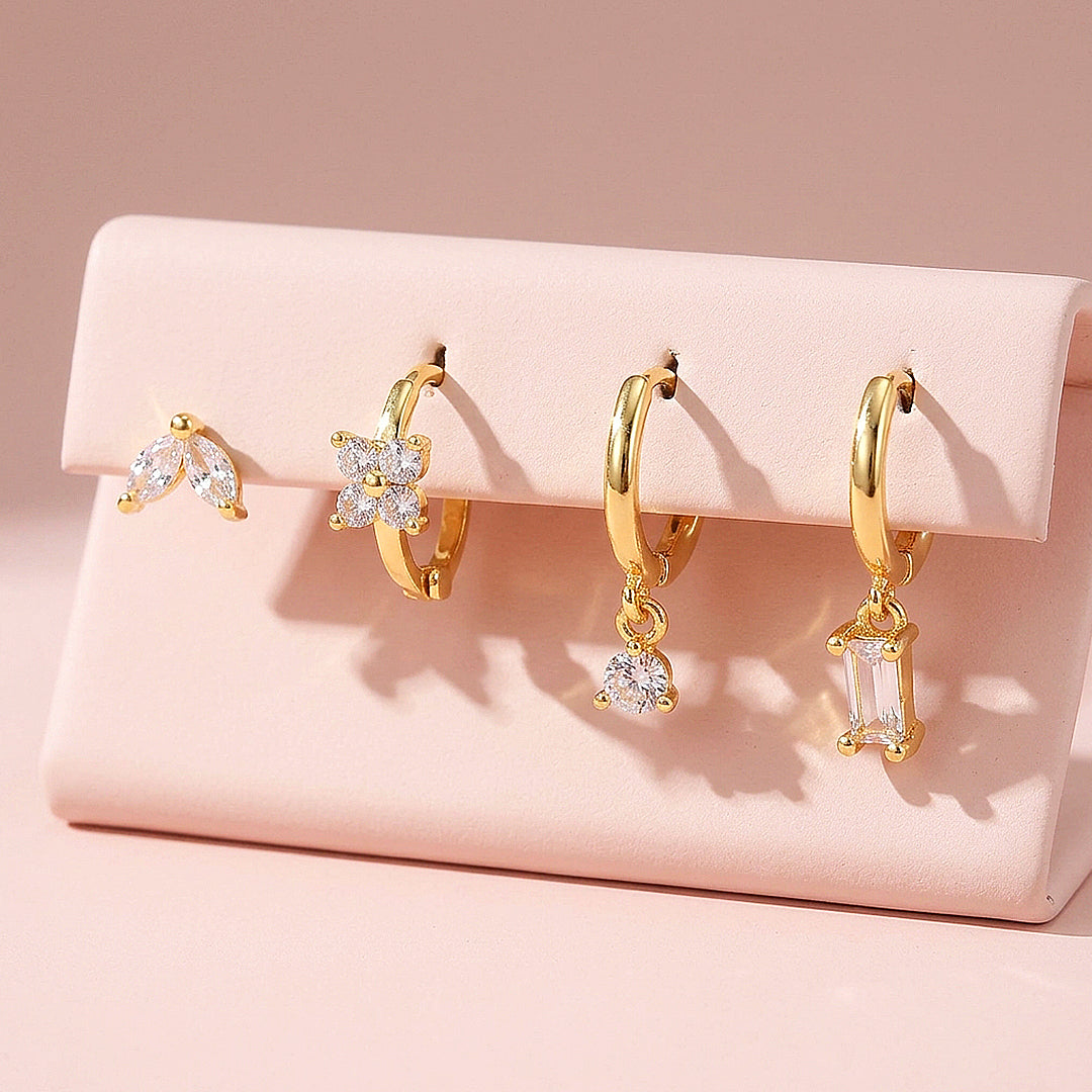 Floral, Solitaire and Baguette Huggie Drop Earrings Set (4 Pairs) | Luxe3784