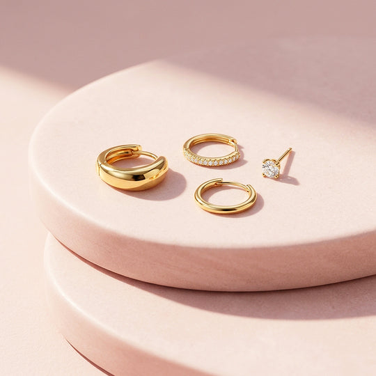 Dome, Pave Huggie and Solitaire Stud Earrings Set (4 Pairs) | Luxe3786