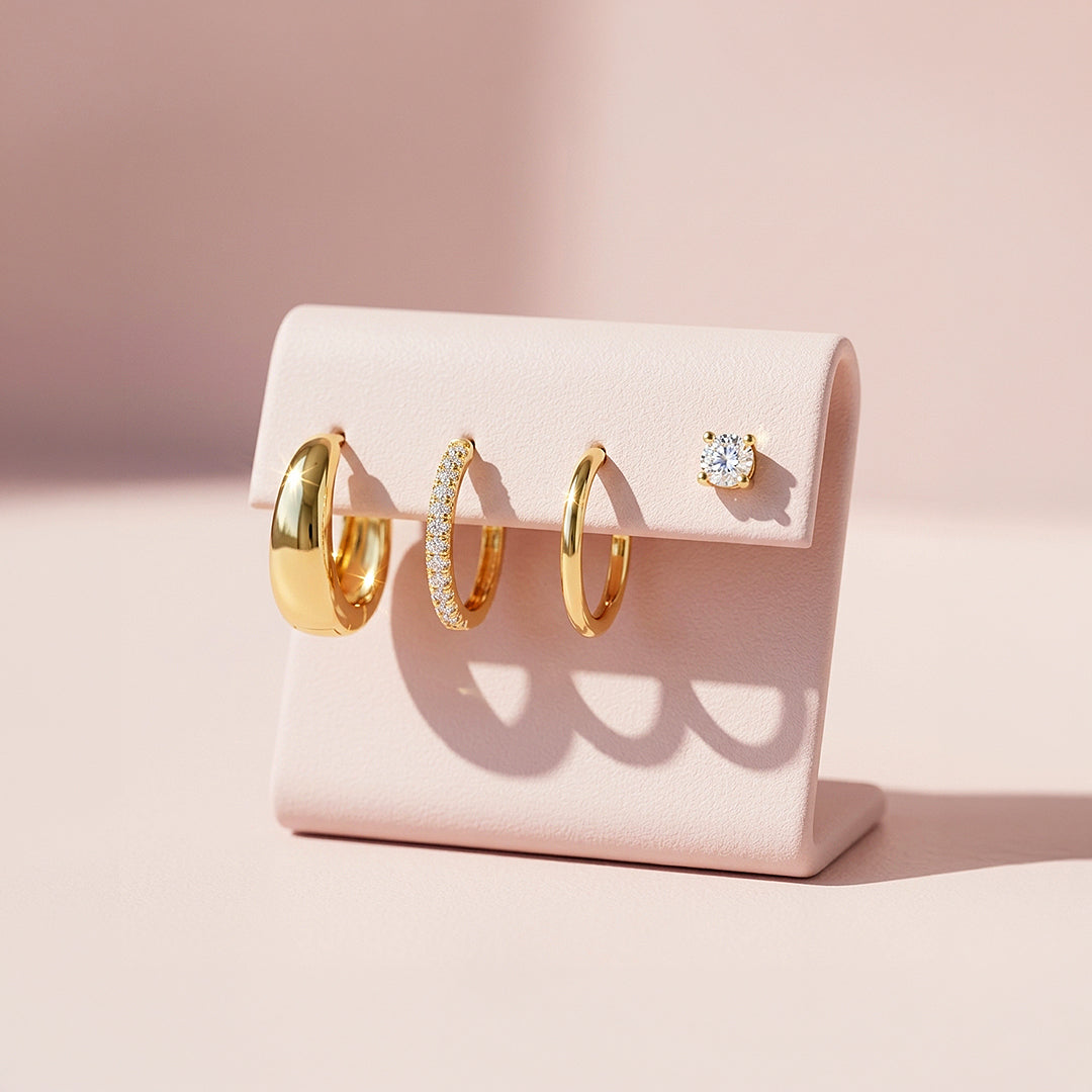 Dome, Pave Huggie and Solitaire Stud Earrings Set (4 Pairs) | Luxe3786