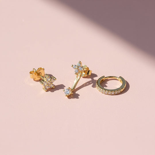 Floral Stud, Ear Jacket and Pave Huggie Earrings Set (3 Pairs) | Luxe3788