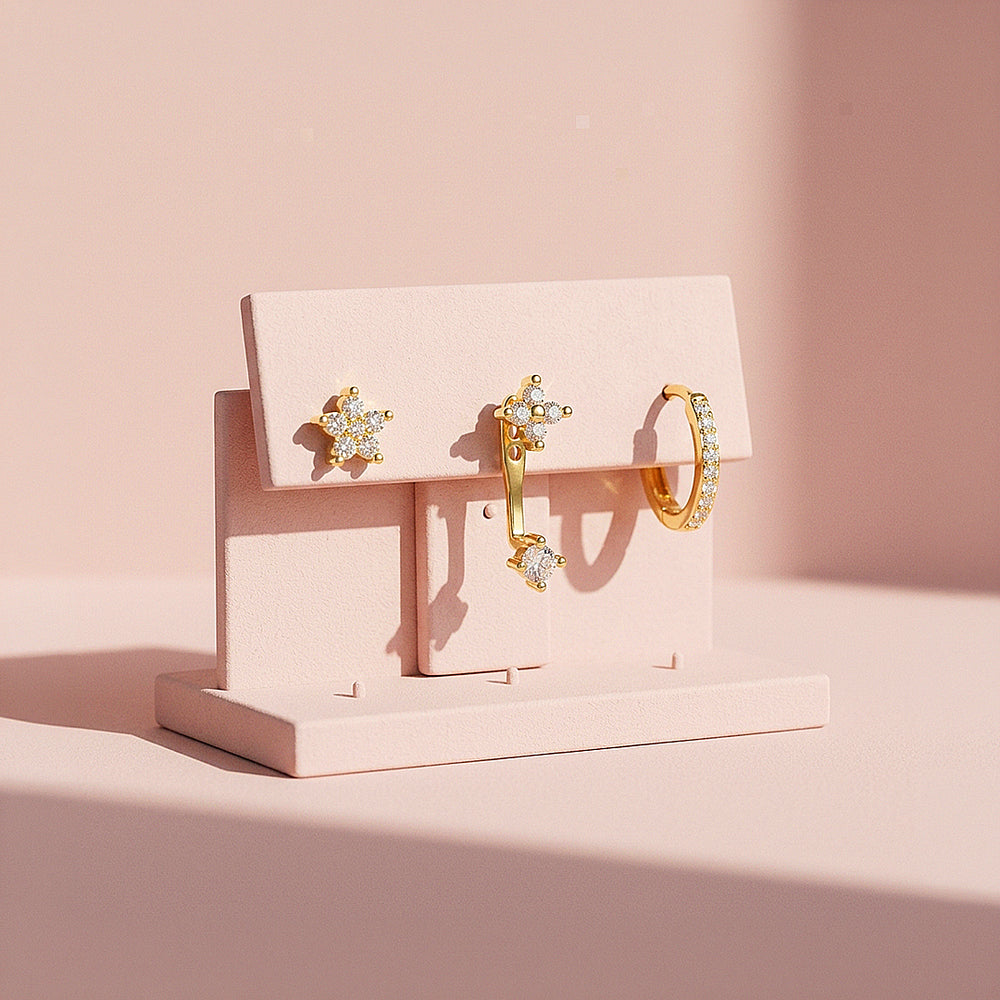 Floral Stud, Ear Jacket and Pave Huggie Earrings Set (3 Pairs) | Luxe3788