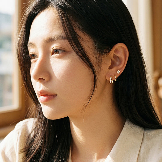 Floral Stud, Classic Huggie and Double Band Hoop Earrings Set (3 Pairs) | Luxe3789