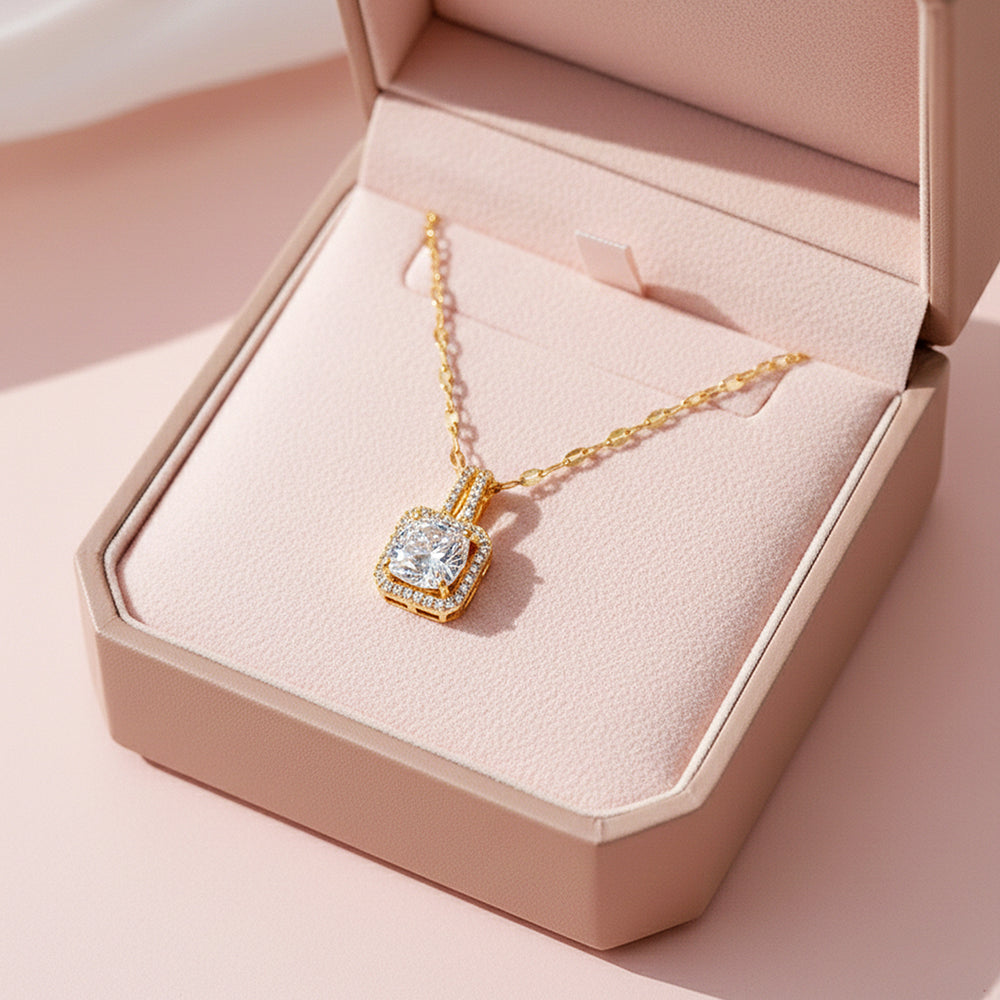Cushion Halo Pendant Necklace | Gold | Luxe4451 - Luxe Necklace | Singapore Jewellery, Wedding Rings & Gifts | Same Day Delivery | Tiara.com.sg