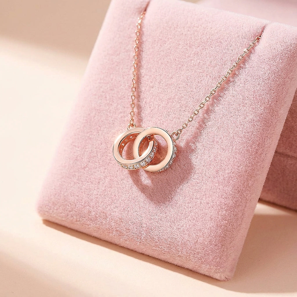 Interlocking Double Ring Pendant Necklace | White Gold & Rose Gold | Luxe4465 - Luxe Necklace | Singapore Jewellery, Wedding Rings & Gifts | Same Day Delivery | Tiara.com.sg