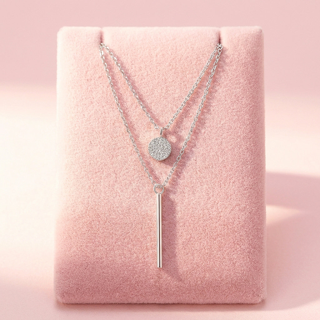 Double Layer Disc &amp; Bar Pendant Necklace | Silver | Luxe4466 - Luxe Necklace | Singapore Jewellery, Wedding Rings &amp; Gifts | Same Day Delivery | Tiara.com.sg