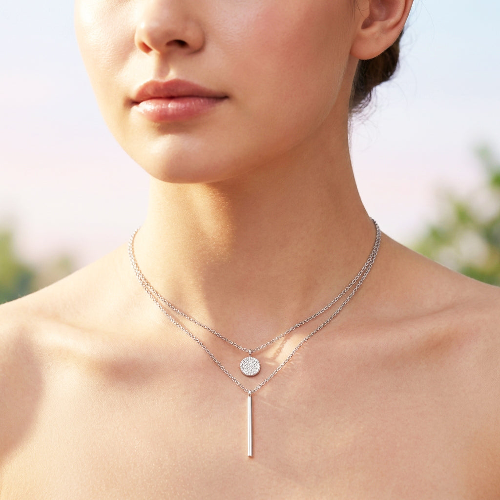 Double Layer Disc &amp; Bar Pendant Necklace | Silver | Luxe4466 - Luxe Necklace | Singapore Jewellery, Wedding Rings &amp; Gifts | Same Day Delivery | Tiara.com.sg
