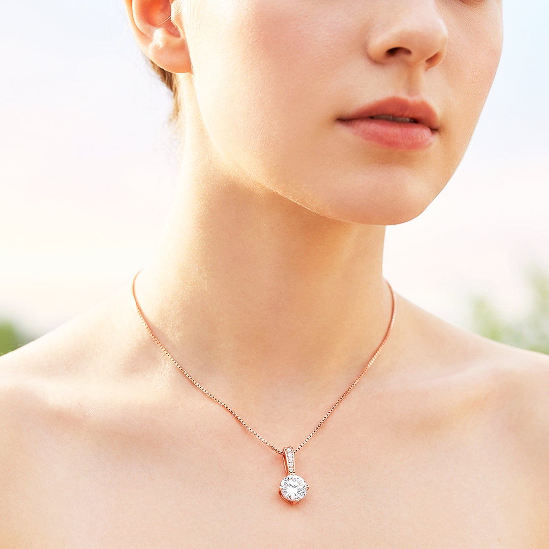 Round Solitaire Diamond Simulant Pendant Necklace | Silver &amp; Rose Gold | Luxe4467 - Luxe Necklace | Singapore Jewellery, Wedding Rings &amp; Gifts | Same Day Delivery | Tiara.com.sg