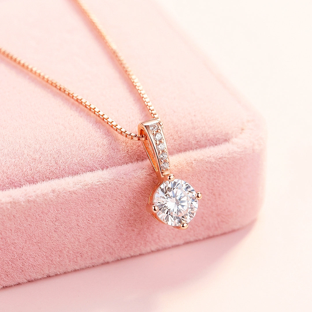 Round Solitaire Diamond Simulant Pendant Necklace | Silver &amp; Rose Gold | Luxe4467 - Luxe Necklace | Singapore Jewellery, Wedding Rings &amp; Gifts | Same Day Delivery | Tiara.com.sg