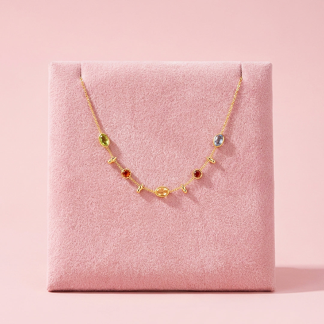 Multi-Stone Bezel & Leaf Station Necklace | Gold | Luxe4469 - Luxe Necklace | Singapore Jewellery, Wedding Rings & Gifts | Same Day Delivery | Tiara.com.sg
