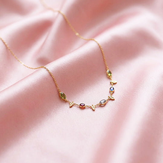 Multi-Stone Bezel &amp; Leaf Station Necklace | Gold | Luxe4469 - Luxe Necklace | Singapore Jewellery, Wedding Rings &amp; Gifts | Same Day Delivery | Tiara.com.sg