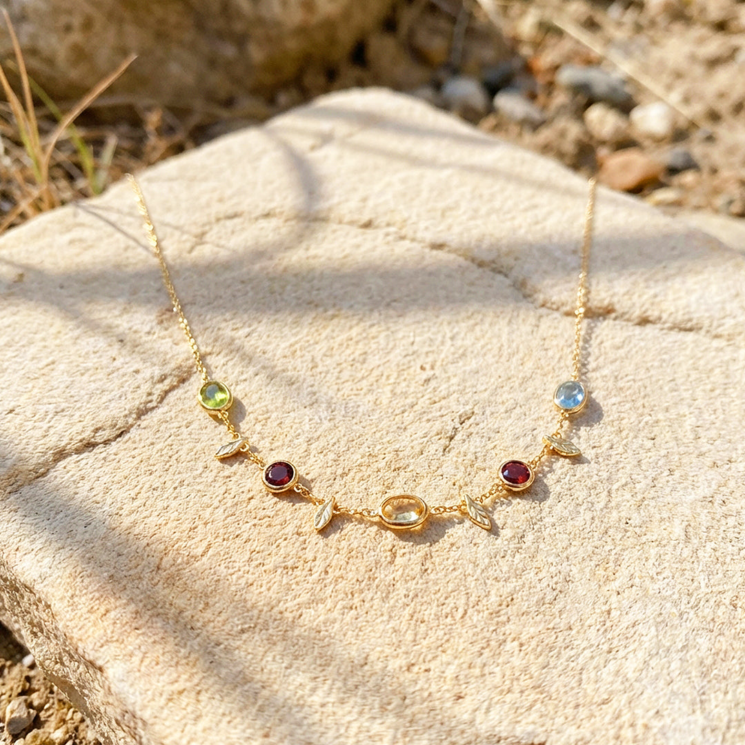 Multi-Stone Bezel &amp; Leaf Station Necklace | Gold | Luxe4469 - Luxe Necklace | Singapore Jewellery, Wedding Rings &amp; Gifts | Same Day Delivery | Tiara.com.sg