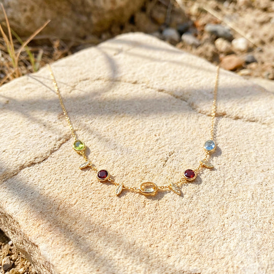 Multi-Stone Bezel &amp; Leaf Station Necklace | Gold | Luxe4469 - Luxe Necklace | Singapore Jewellery, Wedding Rings &amp; Gifts | Same Day Delivery | Tiara.com.sg