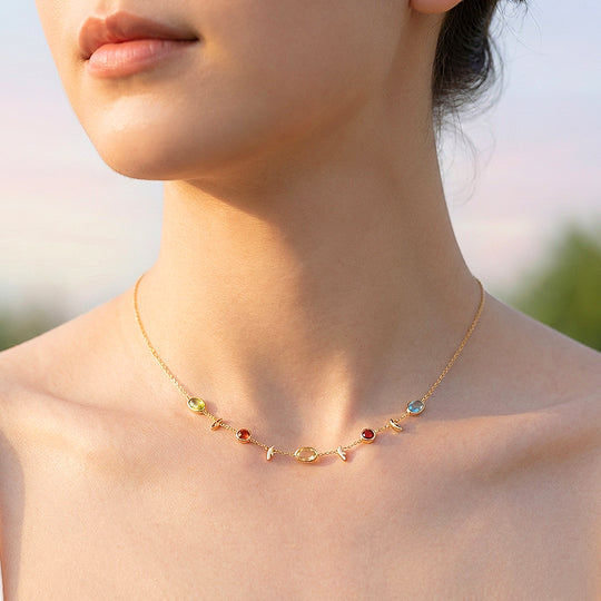 Multi-Stone Bezel &amp; Leaf Station Necklace | Gold | Luxe4469 - Luxe Necklace | Singapore Jewellery, Wedding Rings &amp; Gifts | Same Day Delivery | Tiara.com.sg