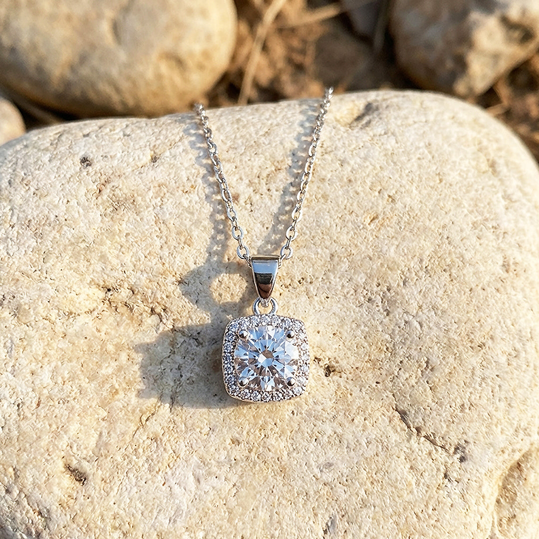 Cushion Halo Diamond Simulant Pendant Necklace | Silver | Luxe4470 - Luxe Necklace | Singapore Jewellery, Wedding Rings &amp; Gifts | Same Day Delivery | Tiara.com.sg
