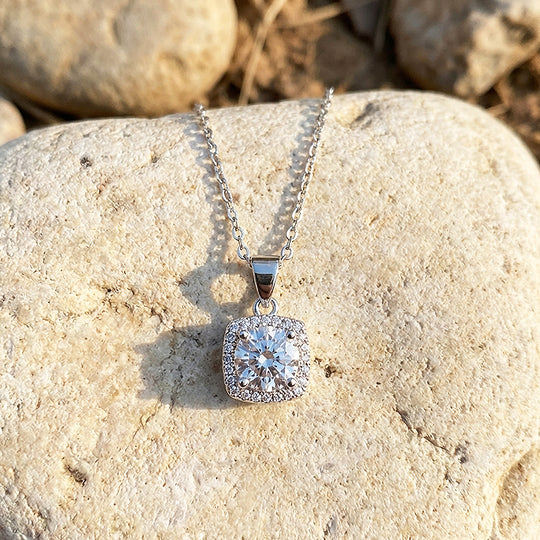 Cushion Halo Diamond Simulant Pendant Necklace | Silver | Luxe4470 - Luxe Necklace | Singapore Jewellery, Wedding Rings &amp; Gifts | Same Day Delivery | Tiara.com.sg