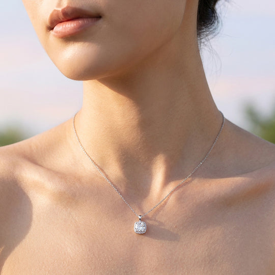 Cushion Halo Diamond Simulant Pendant Necklace | Silver | Luxe4470 - Luxe Necklace | Singapore Jewellery, Wedding Rings &amp; Gifts | Same Day Delivery | Tiara.com.sg