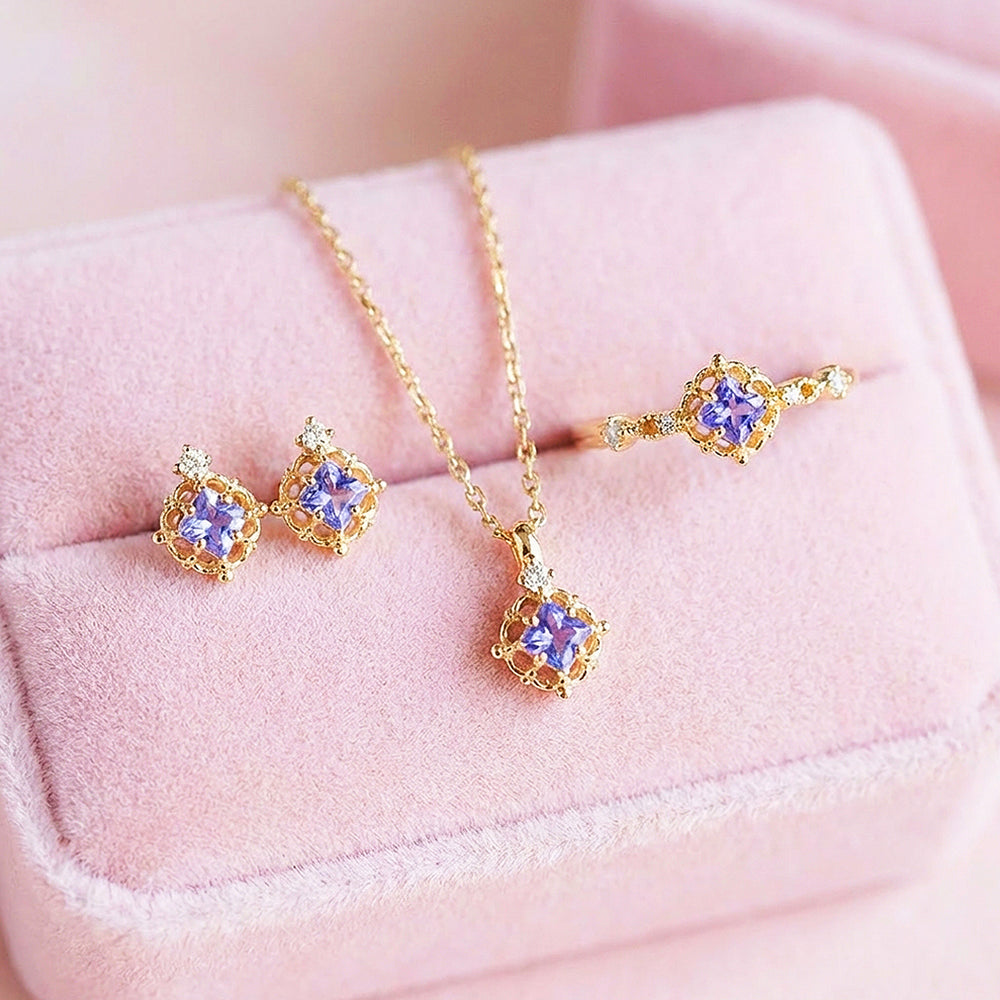 Princess-Cut Vintage Floral Jewelry Set | Gold & Lavender | Luxe4477 - Luxe Necklace | Singapore Jewellery, Wedding Rings & Gifts | Same Day Delivery | Tiara.com.sg