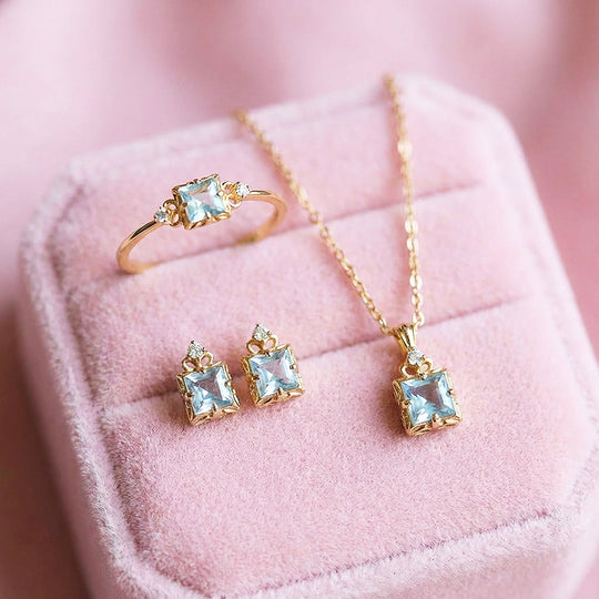 Princess-Cut Vintage Floral Jewelry Set | Gold &amp; Aqua Blue | Luxe4478 - Luxe Necklace | Singapore Jewellery, Wedding Rings &amp; Gifts | Same Day Delivery | Tiara.com.sg