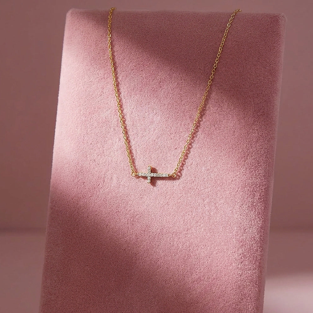 Pavé Sideways Cross Pendant Necklace | Gold | Luxe4479 - Luxe Necklace | Singapore Jewellery, Wedding Rings & Gifts | Same Day Delivery | Tiara.com.sg